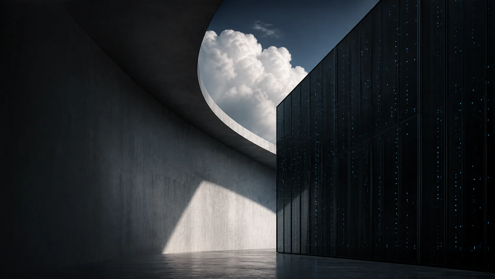 Curved architecture beside a modern data centre