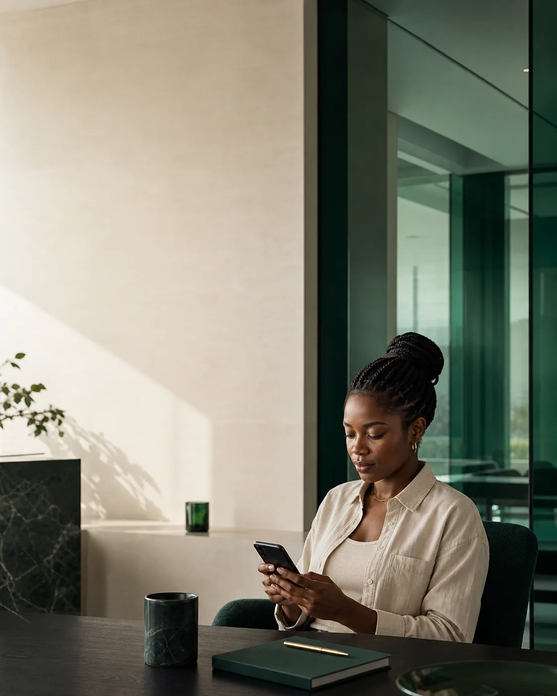 Woman using a phone in a private architectural workspace representing Anonime